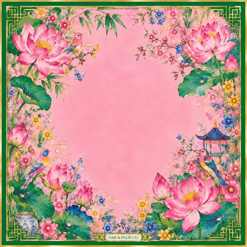 May include: Square scarf with a pink background and a floral design. The scarf features pink lotus flowers, colorful birds, and a pagoda. The border is green with a gold geometric pattern. The text "OAK & PALM CO." is at the bottom.
