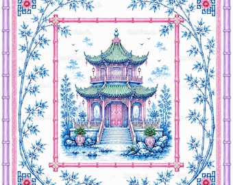 May include: A square decorative panel featuring a central illustration of a multi-tiered pagoda with green roofs and pink accents, surrounded by blue bamboo stalks and pink flowers, all framed by a border resembling light purple bamboo segments.