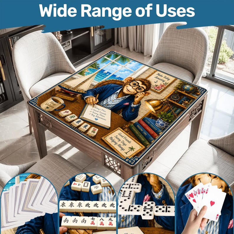 May include: Wooden game table with a glass top featuring a monkey illustration. The table is surrounded by chairs and includes images of playing cards, dominoes, and mahjong tiles. The text "Wide Range of Uses" is at the top.