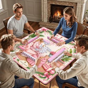 May include: A group of four people playing mahjong around a square table. The table has a pink and white floral design with the text "OAK & PALM CO." and "GOOD DAYS & TAN LINES". Pink mahjong tiles and racks are visible.