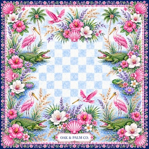 May include: Square scarf with a tropical design featuring pink flamingos, green alligators, and vibrant flowers. The border is a dark blue with a floral pattern. The center has a blue and white checkered pattern. The text "OAK & PALM CO." is at the bottom.