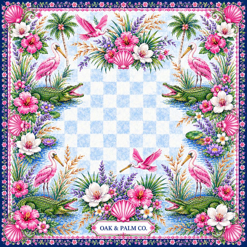 May include: Square scarf with a tropical design featuring pink flamingos, green alligators, and vibrant flowers. The border is a dark blue with a floral pattern. The center has a blue and white checkered pattern. The text "OAK & PALM CO." is at the bottom.