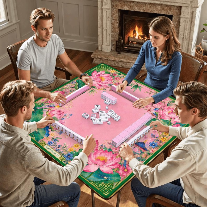 May include: A square Mahjong table with a pink center and floral border is surrounded by four people. The table features pink tile racks and white tiles. The table's border has a green and gold design. The game is set up for play.