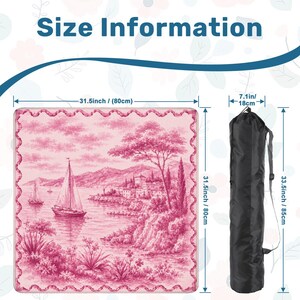 May include: A pink and white yoga mat with a scenic landscape design, measuring 31.5 inches (80cm) square. Includes a black carrying bag, 33.5 inches (85cm) long. The text "Size Information" is at the top.