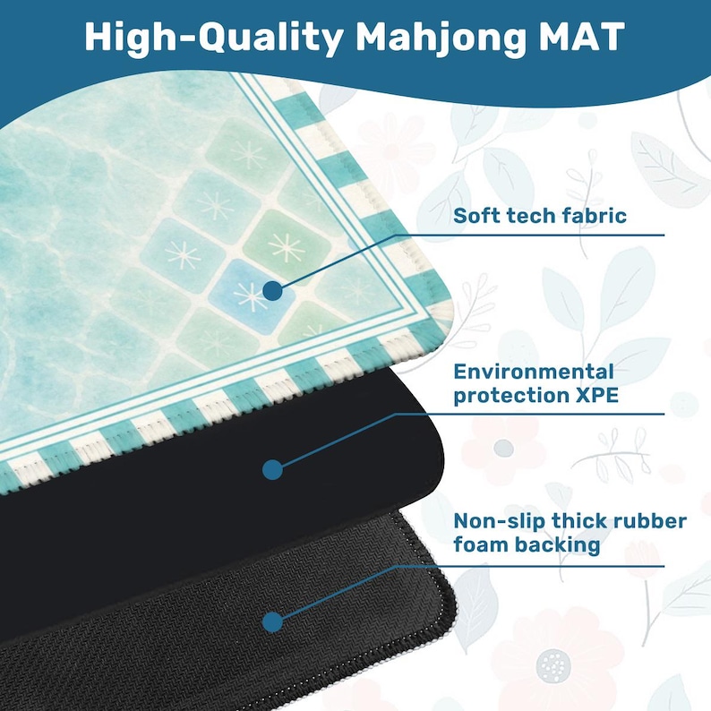 May include: A high-quality Mahjong mat with a soft tech fabric surface, environmental protection XPE, and a non-slip thick rubber foam backing. The mat features a light blue and white patterned design.