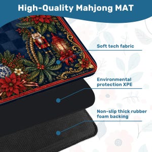 Puede incluir: Una alfombrilla de Mahjong de alta calidad con un dise&ntilde;o festivo. La alfombrilla presenta un fondo azul marino con una ilustraci&oacute;n navide&ntilde;a, que incluye un cascanueces, adornos y poinsettias. Tiene una tela t&eacute;cnica suave, protecci&oacute;n ambiental XPE y un respaldo de espuma de goma gruesa antideslizante.