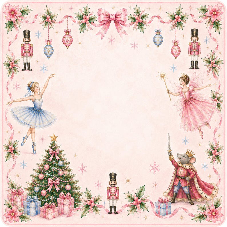 May include: A whimsical Christmas-themed illustration with a pink background. It features a Christmas tree, a ballerina, a fairy, a nutcracker, and a mouse king. The design includes pink bows, ornaments, snowflakes, and floral accents, creating a festive and charming aesthetic.