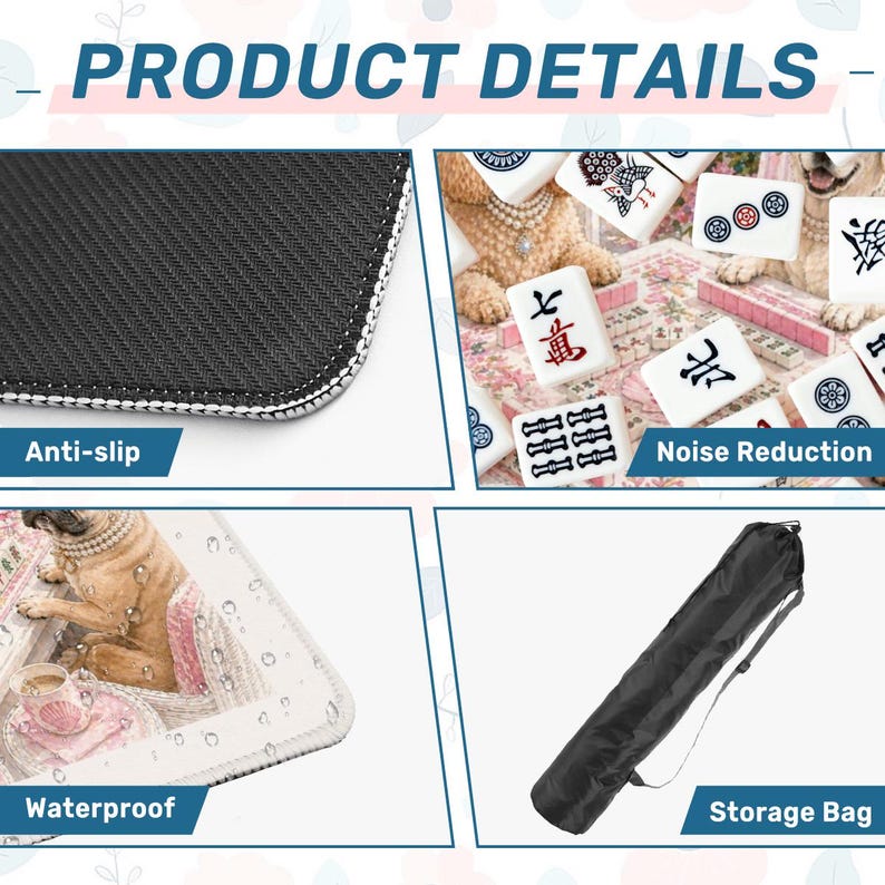 May include: Product details image. The image shows a black anti-slip surface, a close-up of a mahjong game, a waterproof surface with a dog, and a black storage bag.