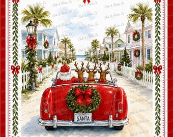 May include: A square fabric panel featuring a red convertible car with Santa and three reindeer driving down a coastal street lined with palm trees and houses. The car has a wreath on the trunk and a license plate that reads SANTA.