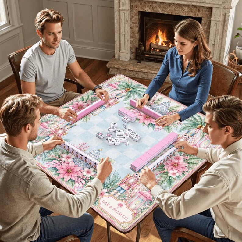 Puede incluir: Cuatro personas jugando al Mahjong alrededor de una mesa cuadrada. La mesa tiene un centro a cuadros azul claro y un borde floral con flores rosas. Se ven fichas y estantes de Mahjong rosas. La mesa tiene el texto "OAK & PALM CO."