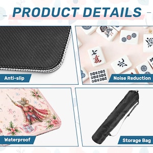 May include: Product details image showing a close-up of a black anti-slip surface with white stitching, white mahjong tiles, a pink waterproof surface with a mouse illustration, and a black storage bag.