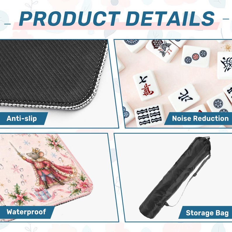 May include: Product details image showing a close-up of a black anti-slip surface with white stitching, white mahjong tiles, a pink waterproof surface with a mouse illustration, and a black storage bag.