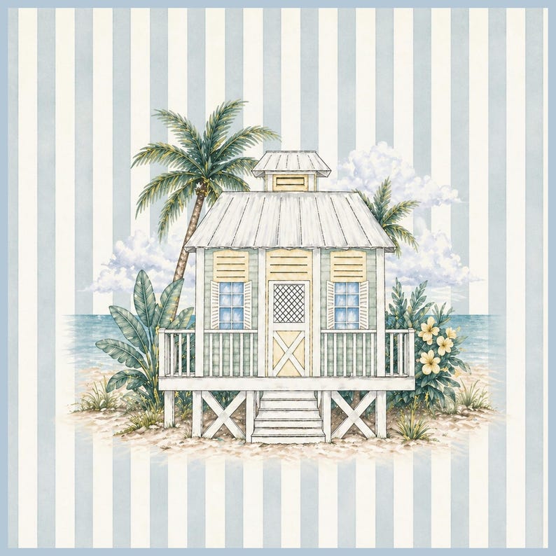 Coastal Beach Cottage Mahjong Mat green/large stripes