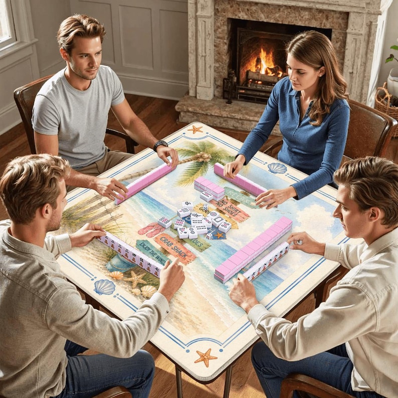 Pu&ograve; includere: Quattro persone giocano a Mahjong attorno a un tavolo quadrato. Il tavolo presenta un design a tema spiaggia con conchiglie, stelle marine e palme. Tessere e supporti rosa sono visibili, insieme a dadi e pedine.