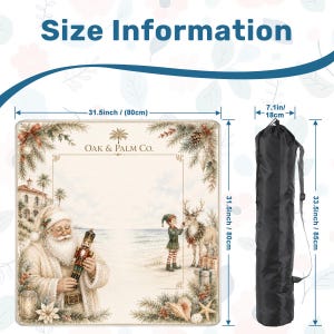 May include: A rectangular mat with a Christmas scene, featuring Santa Claus holding a nutcracker, an elf, and a reindeer. The mat is 31.5 inches (80cm) square. A black carrying bag is shown, measuring 33.5 inches (85cm) long. The text "Size Information" is at the top.
