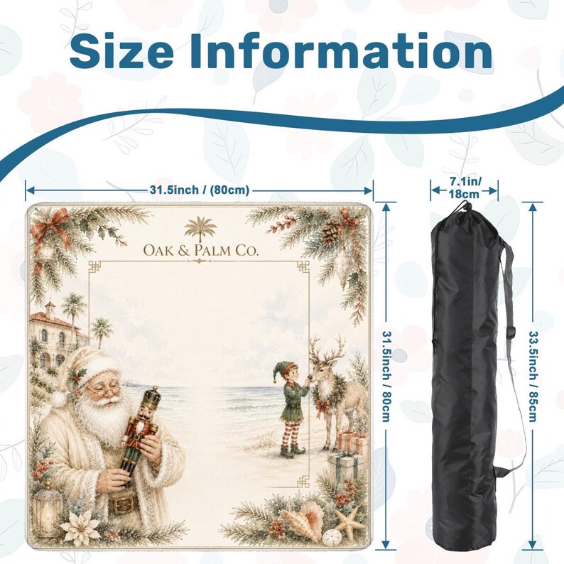May include: A rectangular mat with a Christmas scene, featuring Santa Claus holding a nutcracker, an elf, and a reindeer. The mat is 31.5 inches (80cm) square. A black carrying bag is shown, measuring 33.5 inches (85cm) long. The text "Size Information" is at the top.