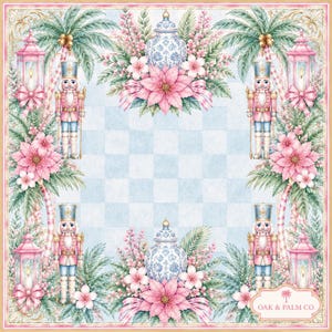 Puede incluir: Un dise&ntilde;o cuadrado decorativo con un patr&oacute;n de cuadros azul claro y blanco. El dise&ntilde;o incluye flores de pascua rosas, palmeras, jarrones azules y blancos, cascanueces y faroles rosas. El texto "OAK & PALM CO." es visible en la parte inferior.