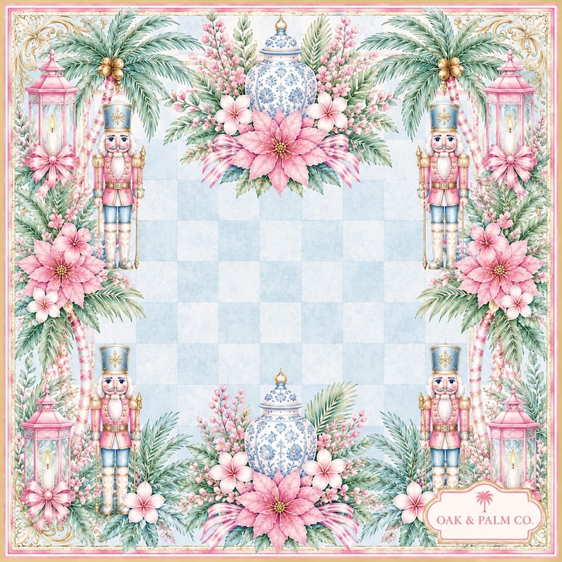 Puede incluir: Un dise&ntilde;o cuadrado decorativo con un patr&oacute;n de cuadros azul claro y blanco. El dise&ntilde;o incluye flores de pascua rosas, palmeras, jarrones azules y blancos, cascanueces y faroles rosas. El texto "OAK & PALM CO." es visible en la parte inferior.