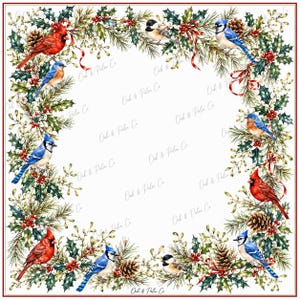 May include: A square fabric panel featuring a festive border of holly, pine branches, pinecones, and red berries. The design includes illustrations of red cardinals, blue jays, and chickadees. The text Oak & Palm Co. is repeated across the white center.