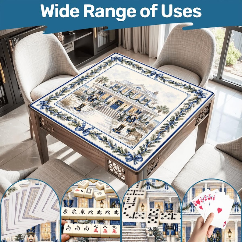 May include: Wooden game table with a decorative top featuring a blue and white illustration of a building. The table is surrounded by chairs. The image includes close-ups of playing cards, mahjong tiles, and dominoes. Text at the top reads "Wide Range of Uses."