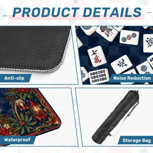 Puede incluir: Imagen de detalles del producto: superficie antideslizante, fichas de Mahjong, superficie impermeable con dise&ntilde;o navide&ntilde;o y una bolsa de almacenamiento. El texto "PRODUCT DETAILS" est&aacute; en la parte superior.