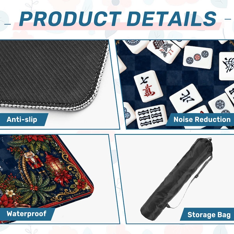 Puede incluir: Imagen de detalles del producto: superficie antideslizante, fichas de Mahjong, superficie impermeable con dise&ntilde;o navide&ntilde;o y una bolsa de almacenamiento. El texto "PRODUCT DETAILS" est&aacute; en la parte superior.