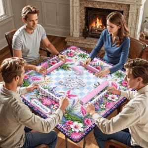 May include: Four people playing a game of Mahjong around a square table. The table has a floral and tropical design with pink, blue, and green elements. The game pieces are pink and white. The table cloth has the text "OAK & PALM CO."