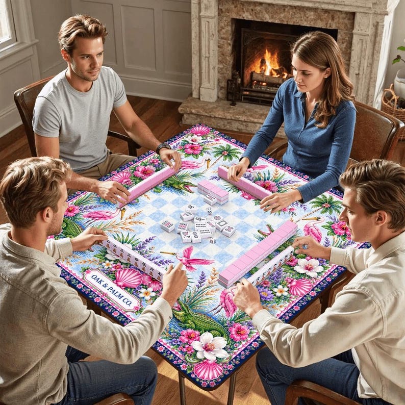May include: Four people playing a game of Mahjong around a square table. The table has a floral and tropical design with pink, blue, and green elements. The game pieces are pink and white. The table cloth has the text "OAK & PALM CO."