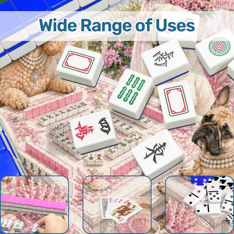 May include: White Mahjong tiles with red, green, and black symbols and designs are scattered on a floral patterned surface. The text "Wide Range of Uses" is at the top. The image also includes playing cards, dominoes, and a hand holding Mahjong tiles.