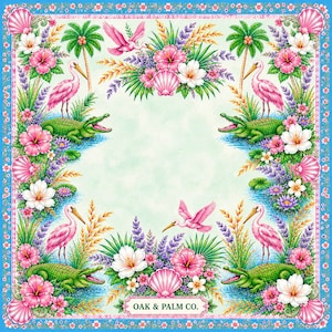 May include: Square, tropical-themed design featuring pink flamingos, green alligators, and vibrant flowers. The design includes palm trees, seashells, and flying pink birds, all set against a light blue background. The text "OAK & PALM CO." is at the bottom.