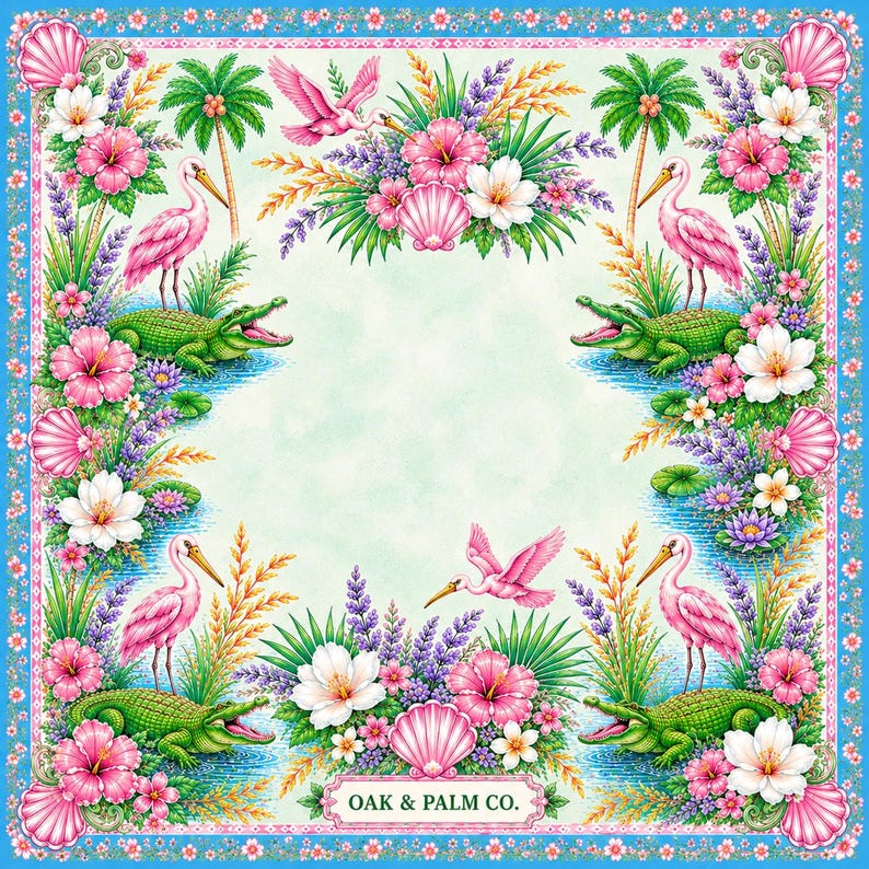 May include: Square, tropical-themed design featuring pink flamingos, green alligators, and vibrant flowers. The design includes palm trees, seashells, and flying pink birds, all set against a light blue background. The text "OAK & PALM CO." is at the bottom.