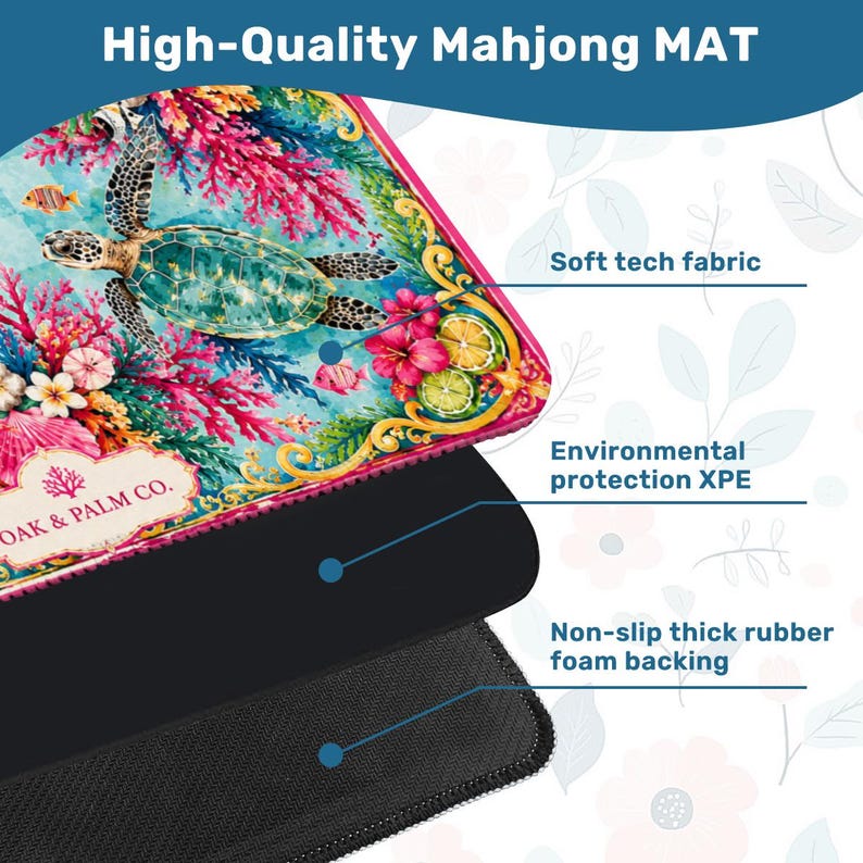 May include: A colorful Mahjong mat with a sea turtle design, coral, and tropical flowers. The mat has a soft tech fabric, environmental protection XPE, and a non-slip thick rubber foam backing. The text "High-Quality Mahjong MAT" is at the top.