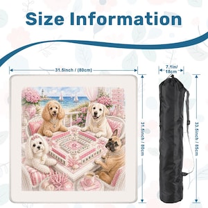 May include: A square mat with a detailed illustration of four dogs playing mahjong, with a coastal background. The mat is 31.5 inches (80 cm) square. A black carrying bag is included, measuring 33.5 inches (85 cm) long. The text "Size Information" is at the top.