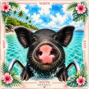 May include: A square art print featuring a black pig with a pink snout in turquoise water, framed by tropical hibiscus flowers and palm leaves. The border includes the text NORTH, SOUTH, EAST, WEST, and Oak & Palm Co. in pink lettering.