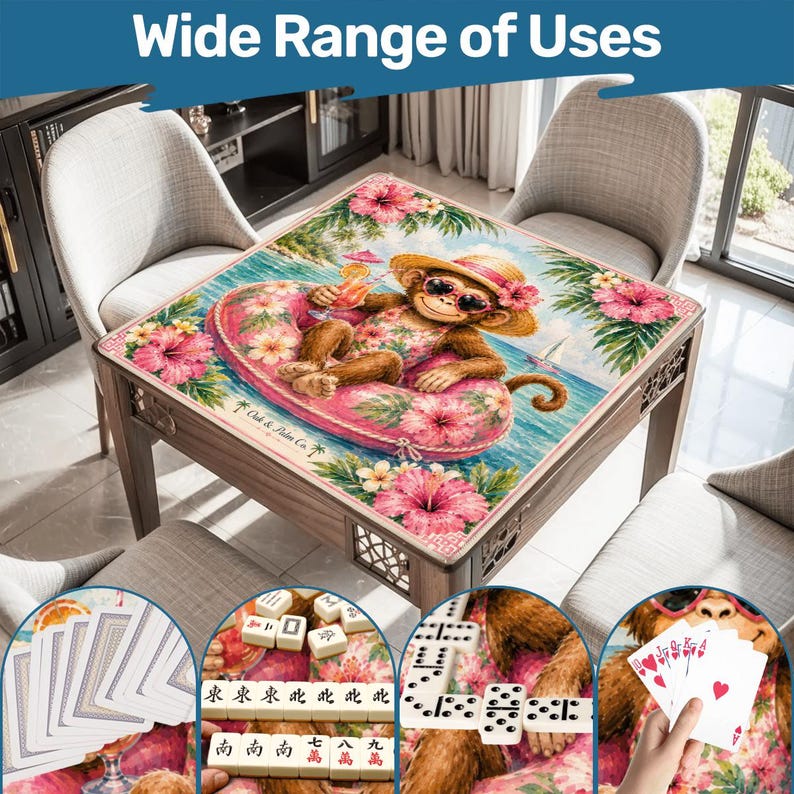 May include: Wooden game table with a colorful tropical design featuring a monkey in a floatie. The table is surrounded by chairs. The image includes the text "Wide Range of Uses". The table is shown with playing cards, dominoes, and mahjong tiles.
