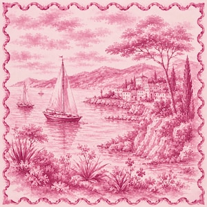 May include: A pink toile fabric featuring a coastal scene with sailboats on the water, a village, and mountains. The design is framed by a decorative border. The overall aesthetic is a classic, romantic style.