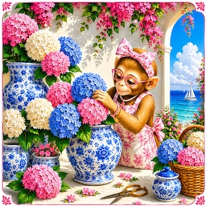 May include: A whimsical illustration features a monkey arranging colorful hydrangeas in blue and white porcelain vases. The monkey wears a pink bow, glasses, and apron. A sailboat is visible in the background, with pink and white flowers and a wicker basket.