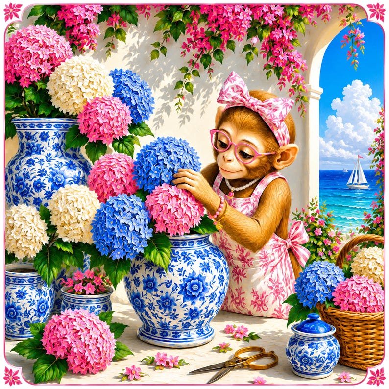 May include: A whimsical illustration features a monkey arranging colorful hydrangeas in blue and white porcelain vases. The monkey wears a pink bow, glasses, and apron. A sailboat is visible in the background, with pink and white flowers and a wicker basket.