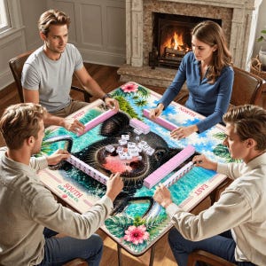 May include: A square game table featuring a large graphic of a black pig snout surrounded by tropical flowers and water. The table surface is marked with North, South, East, and West labels, including the text Oak & Palm Co. Mahjong tiles are arranged.