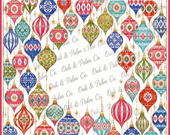 May include: A square print featuring a repeating pattern of colourful, ornate Christmas ornaments in shades of red, blue, green, and pink, hanging from gold strings against a white background with the repeating text Oak & Palm Co.