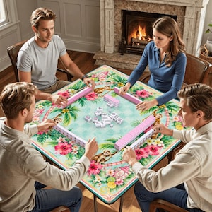 May include: A group of four people playing Mahjong. The game is set on a square table with a tropical floral design in shades of pink, green, and blue. The players are holding pink tile racks and white tiles.
