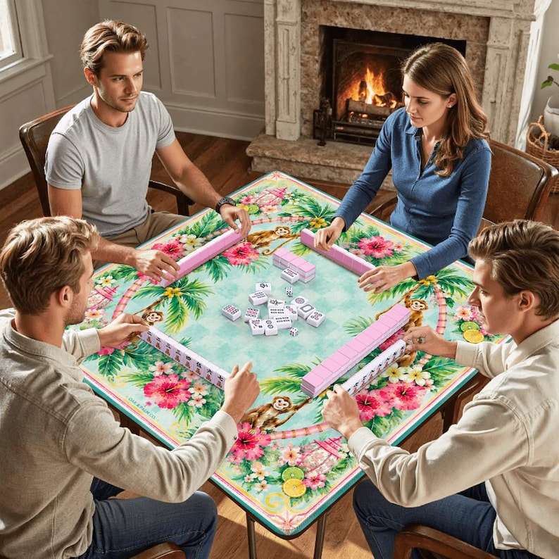 May include: A group of four people playing Mahjong. The game is set on a square table with a tropical floral design in shades of pink, green, and blue. The players are holding pink tile racks and white tiles.