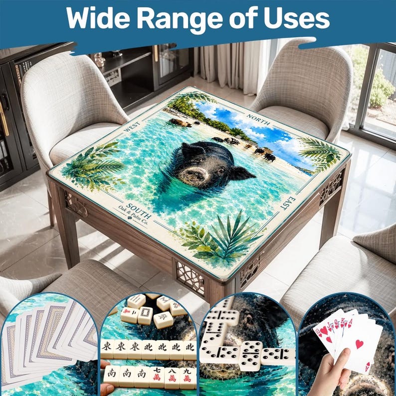 May include: A square wooden game table featuring a tabletop graphic of a black pig swimming in turquoise water with palm leaves at the corners and the text Oak & Palm Co. The table is shown with playing cards, mahjong tiles, and dominoes.