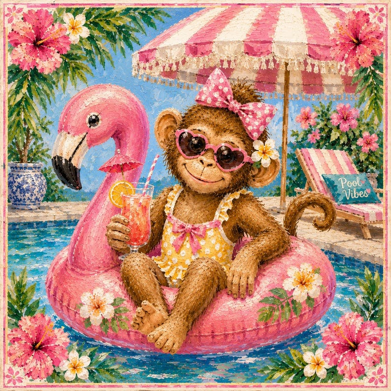 May include: A whimsical illustration of a monkey in a pool. The monkey wears heart-shaped sunglasses, a bow, and a yellow swimsuit, floating on a pink flamingo pool float. It holds a cocktail. A pink and white striped umbrella provides shade.