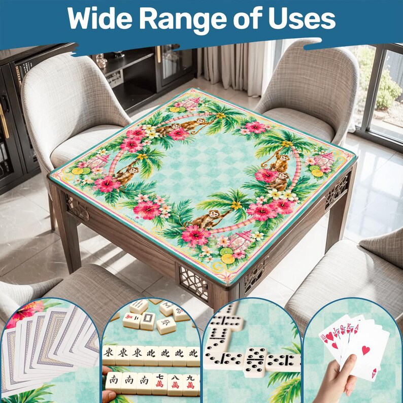 May include: A wooden game table with a decorative floral and monkey design. The table is surrounded by chairs and features the text "Wide Range of Uses". The image shows the table being used for playing cards, dominoes, and mahjong.