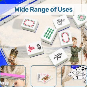 May include: White mahjong tiles with blue edges, featuring various symbols and designs in red, green, and black. The image also includes playing cards, dominoes, and a person figurine, with the text "Wide Range of Uses" at the top.