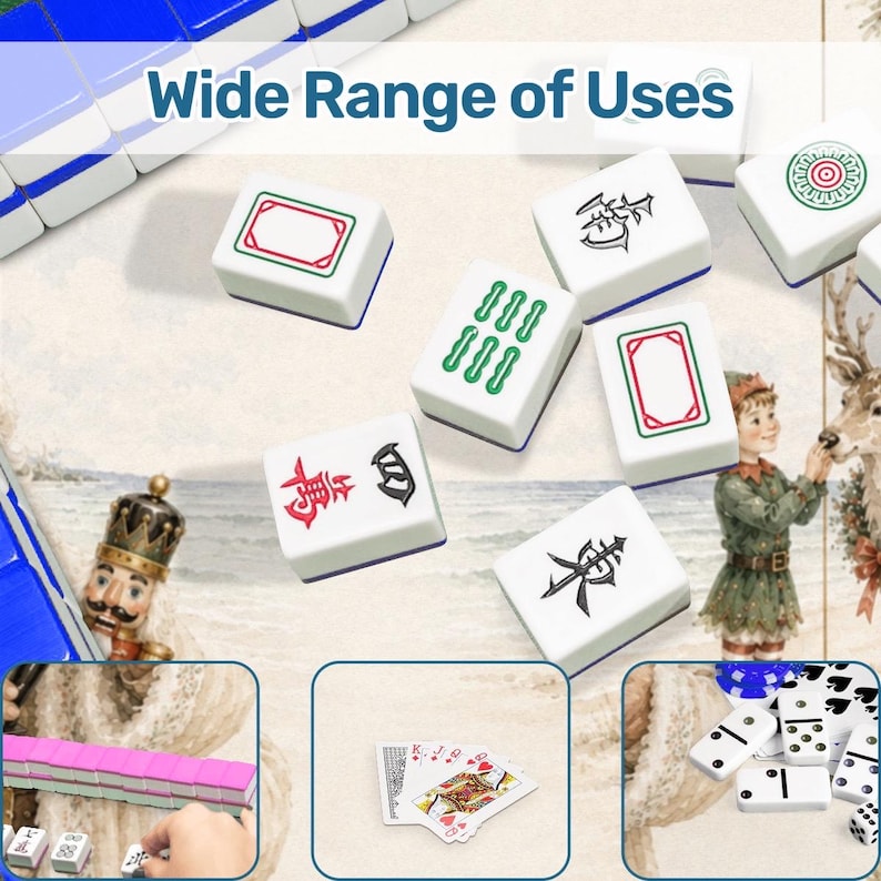 May include: White mahjong tiles with blue edges, featuring various symbols and designs in red, green, and black. The image also includes playing cards, dominoes, and a person figurine, with the text "Wide Range of Uses" at the top.