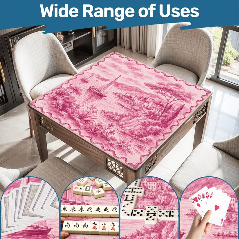 May include: A wooden table with a pink landscape design, featuring a sailboat, trees, and buildings. The table is surrounded by chairs. The image includes the text "Wide Range of Uses" and examples of card games, dominoes, and mahjong.