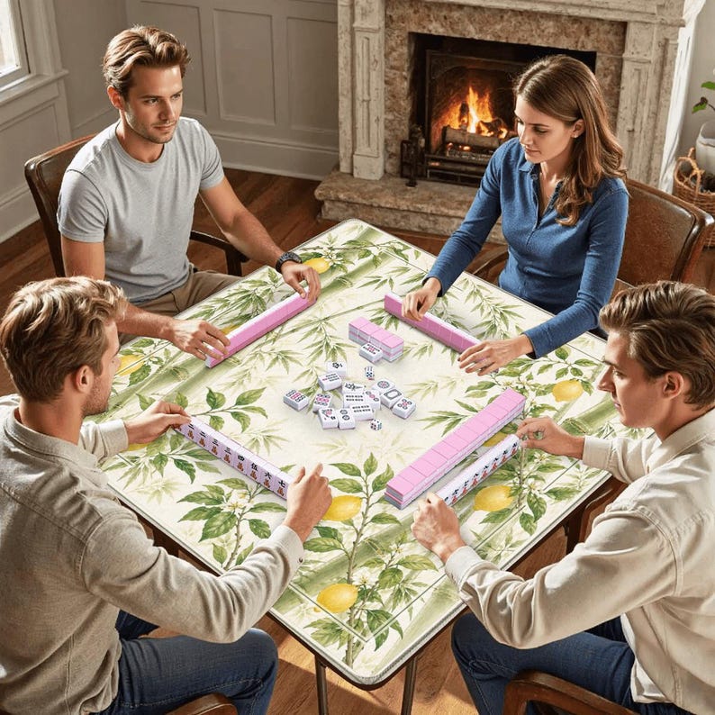 May include: Four people playing a game of Mahjong around a square table. The table has a green and yellow botanical print. Pink tiles and racks are visible. A fireplace with a lit fire is in the background.