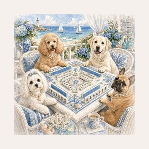 May include: Watercolor illustration of four dogs playing mahjong on a coastal patio. The dogs, a poodle, a Labrador, a Maltese, and a French Bulldog, wear pearl necklaces. The table is decorated with blue and white tiles, and the background shows the ocean.